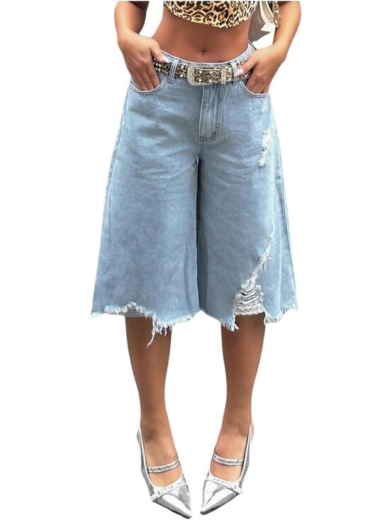 Pants - Summer Ripped Denim Shorts for Women | Y2K Wide Leg Baggy Jeans, Casual Chic